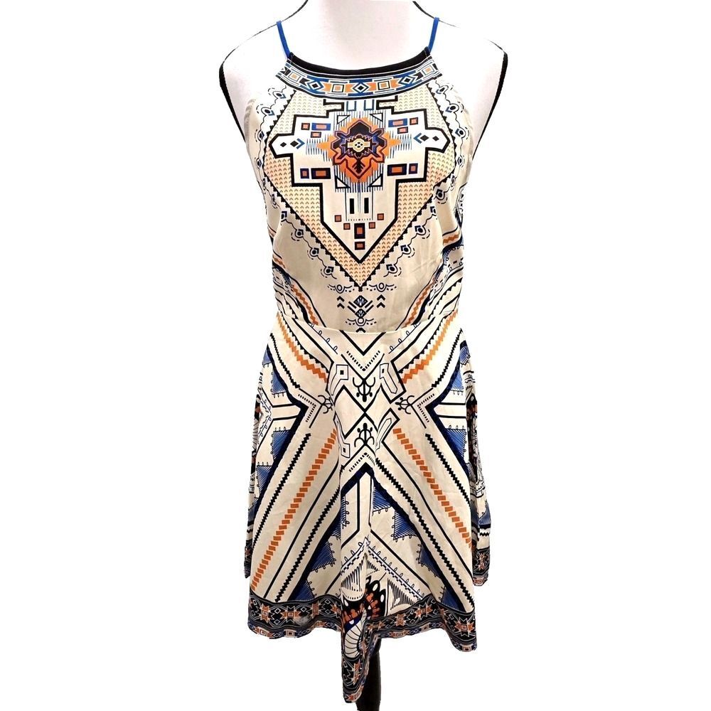 Flying Tomato Aztec Tribal Print Mini Halter Dress Boho Festival Blue Orange M